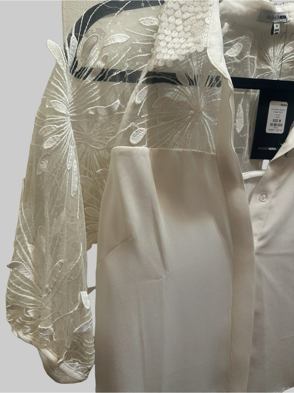 Fashion Nova Ivory Sheer Lace Yoke Button-Down Top - Picture 3 of 3